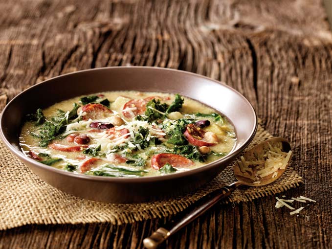 Appetizer Food Photography of Hearty Chorizo and Greens Soup