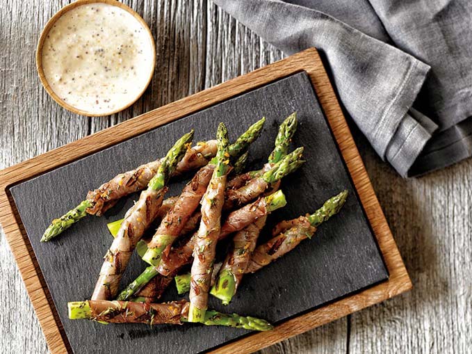 Recipe Food Photography of Grilled Prosciutto Asparagus with Orange Aioli