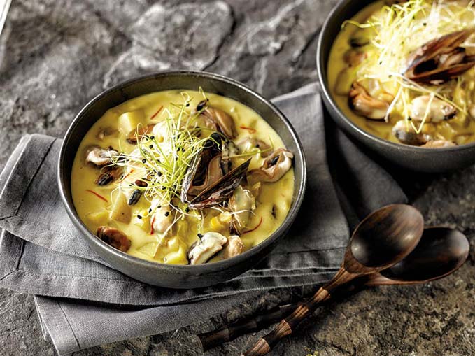 Food Photography of Saffron Mussel Corn Chowder